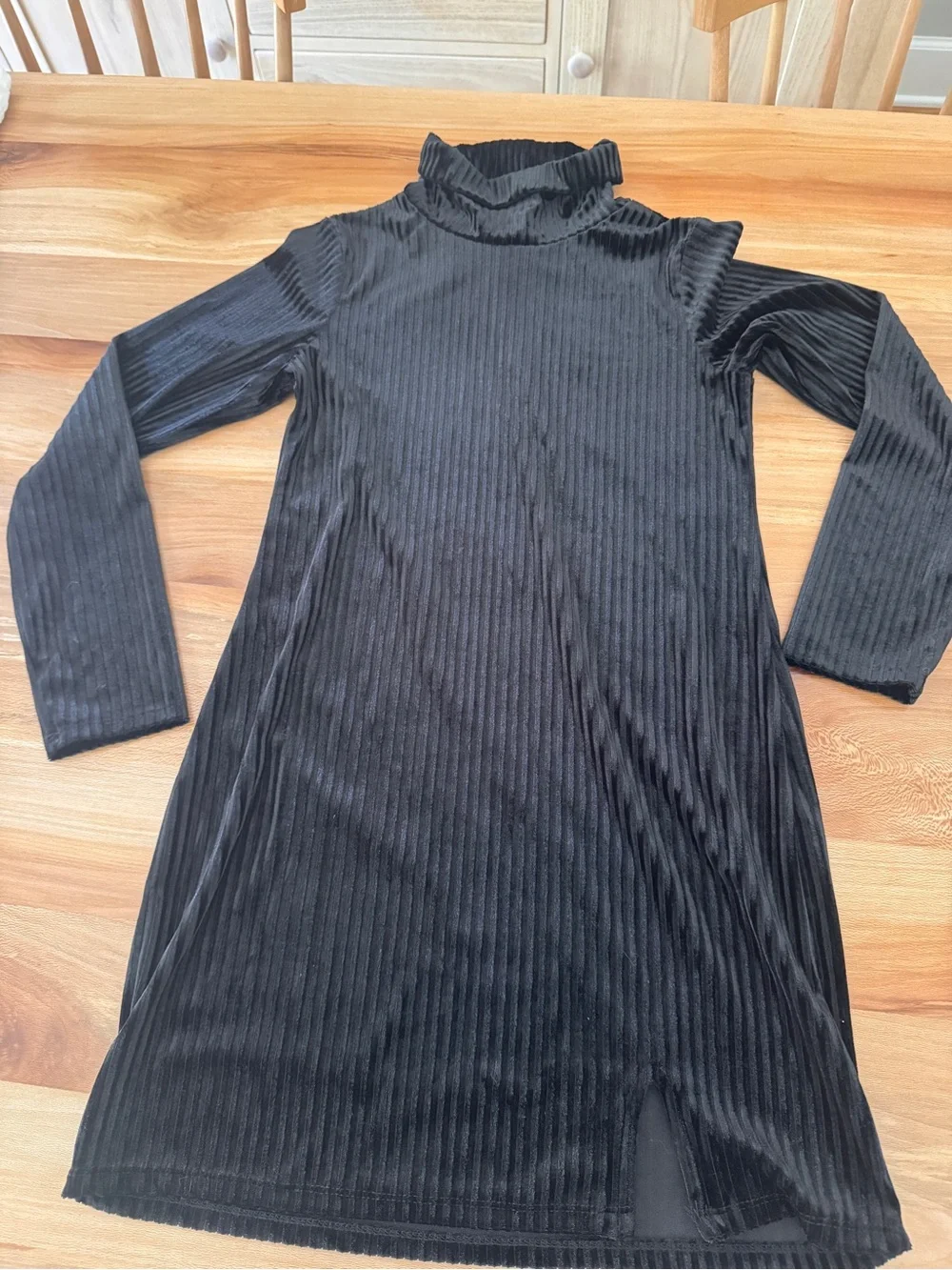 Black Ribbed Turtle-Neck Long Sleeve Dress